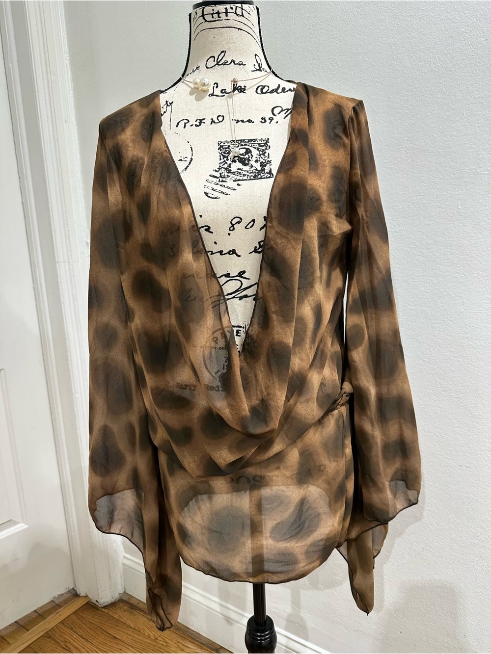 Sheer Brown Animal-Print Draped  Women Cover Up